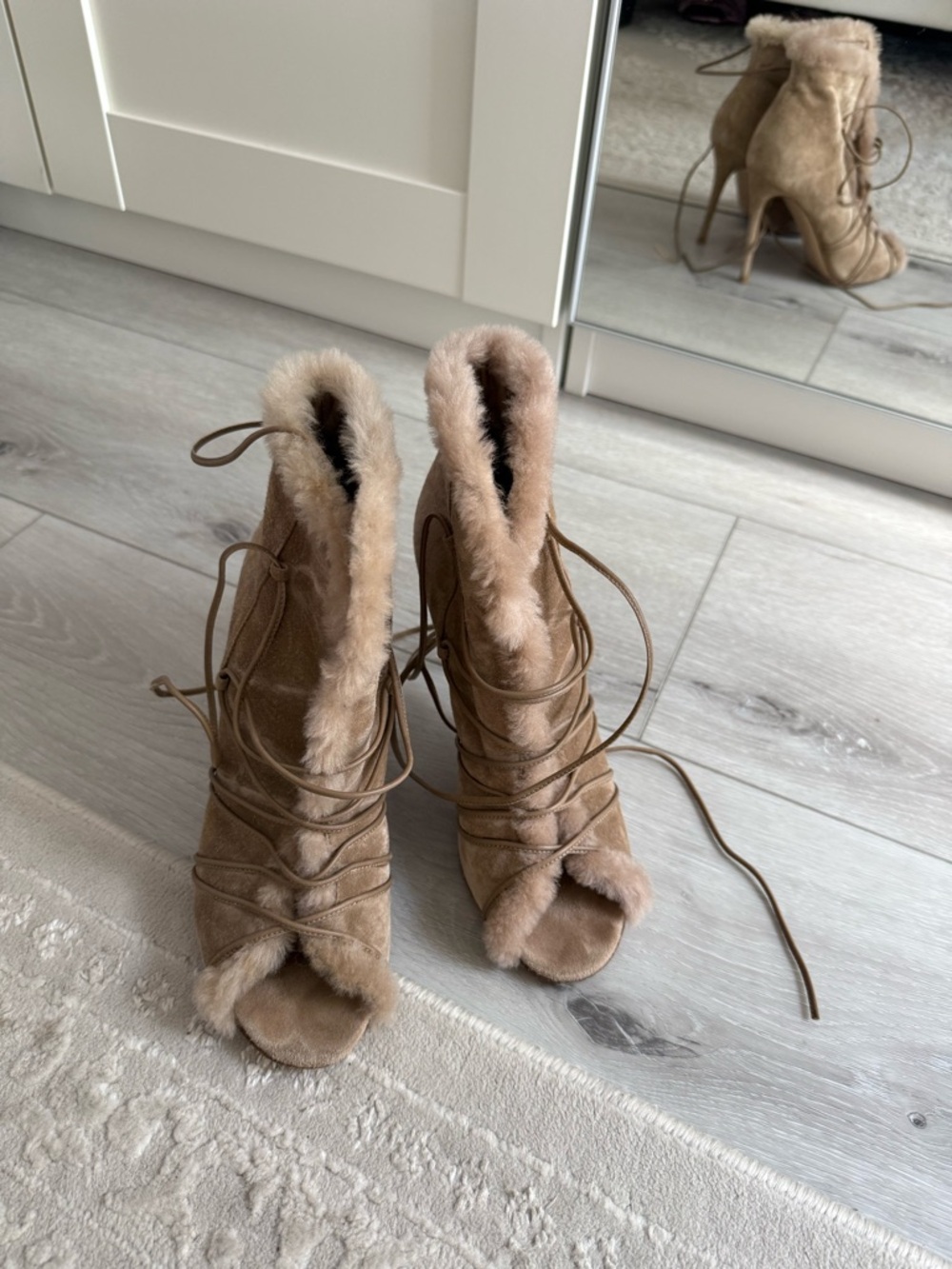 Shearling Lace-Up Peep-Toe 2015 Aspen Booties Suede Gianvito Rossi